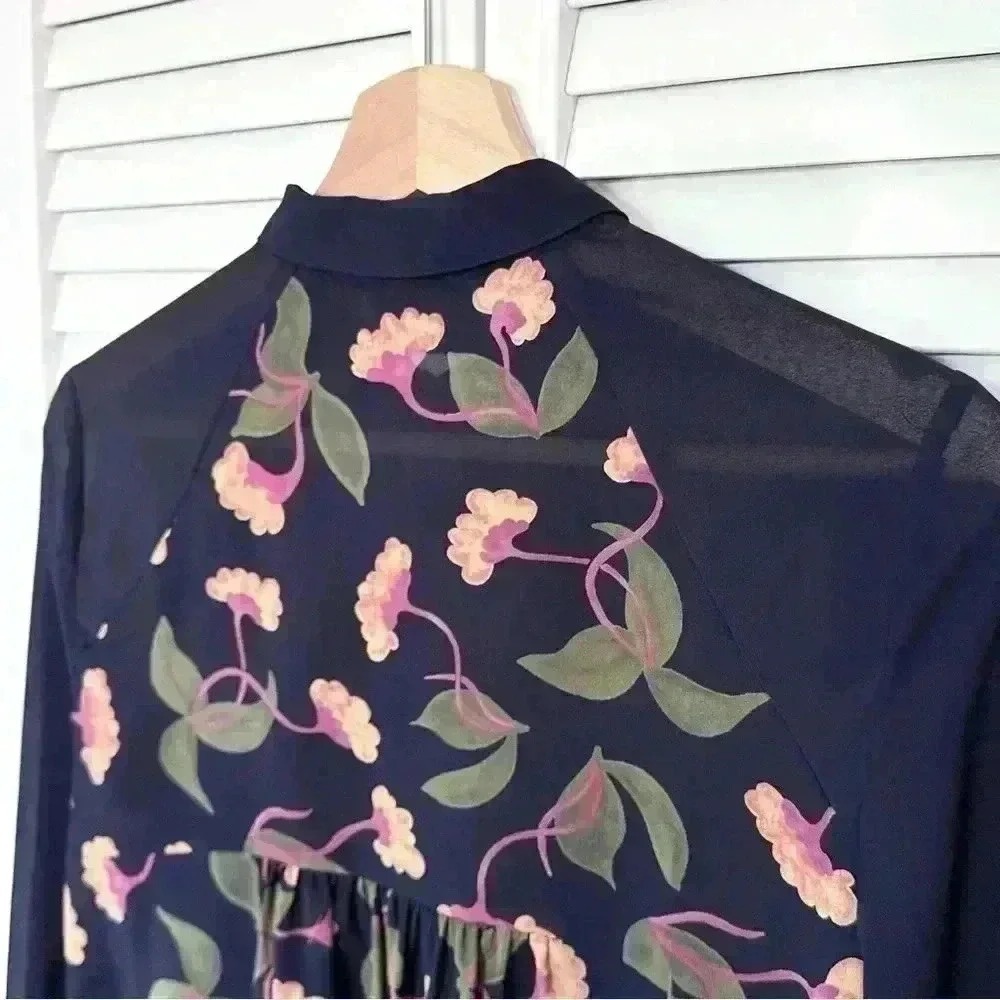 Anthropologie Maeve Ira Button Down Floral Tunic Top Pleated Bib Navy Blue - Picture 8 of 13